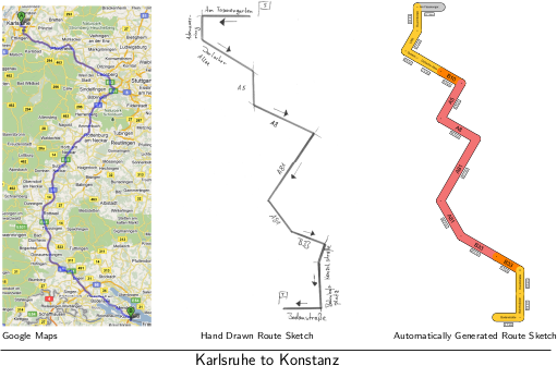  Three different visualizations of the same route. Left to right: google maps, hand-drawn route sketch, automatically generated route sketch