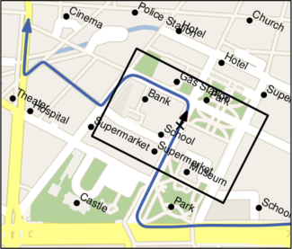 Map such that the nothern direction faces upwards. The given trajectory is depicted blue and the section that is currently displayed to the user is illustrated by a black rectangle. All possible labels are depicted.